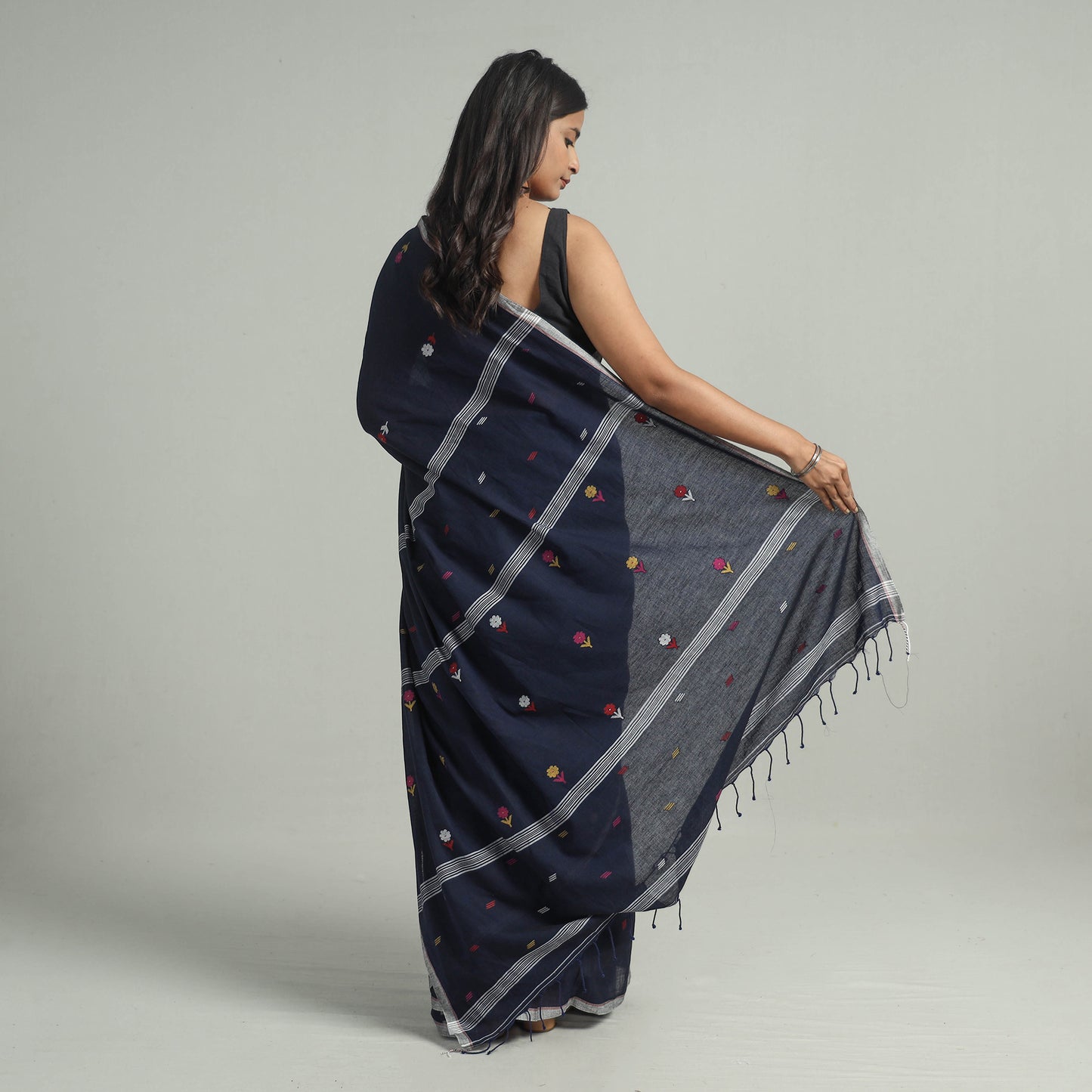 Blue - Handloom Cotton Phulia Jamdani Saree with Tassels 31