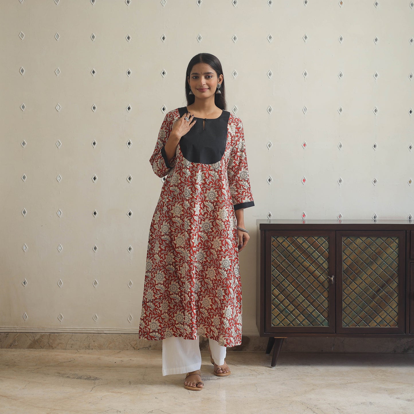 Red - Block Print Cotton Patchwork A-Line Sanganeri Kurta 07