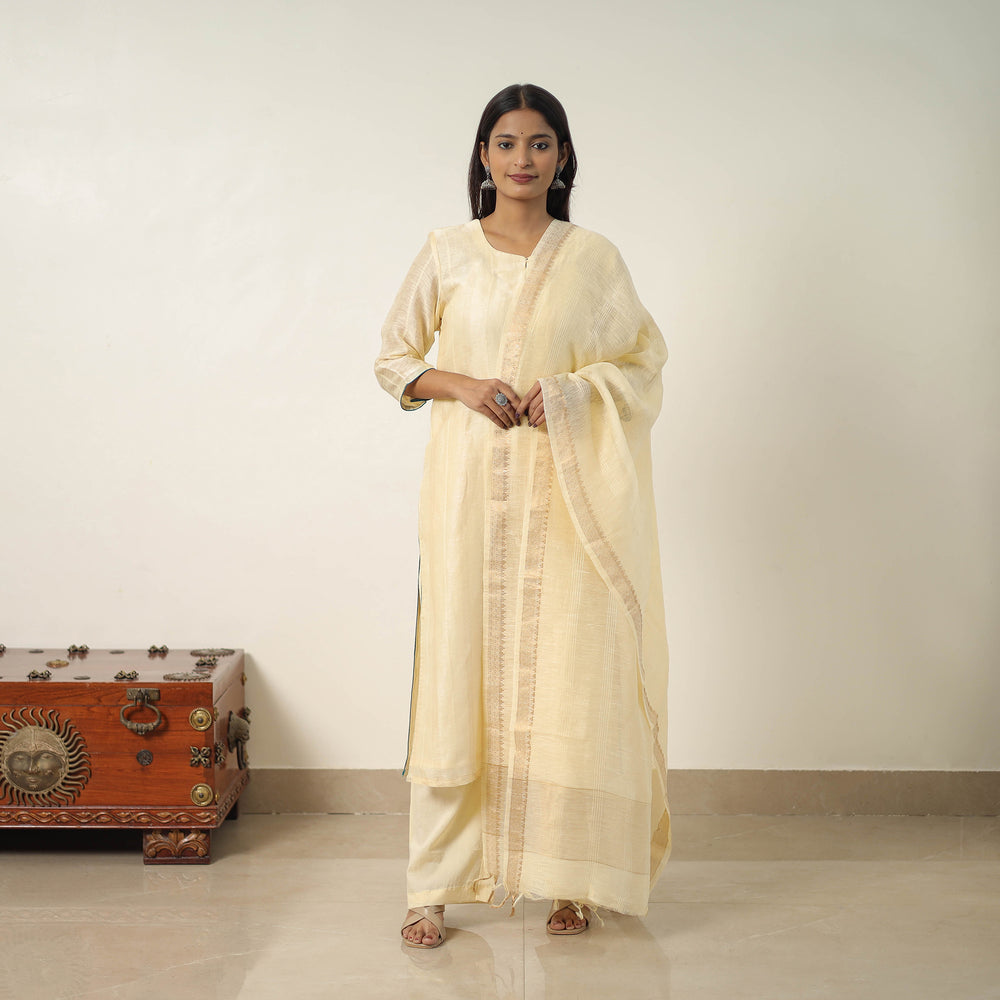 Yellow - Elegant Linen Silk Handloom Plain Kurta Set 09