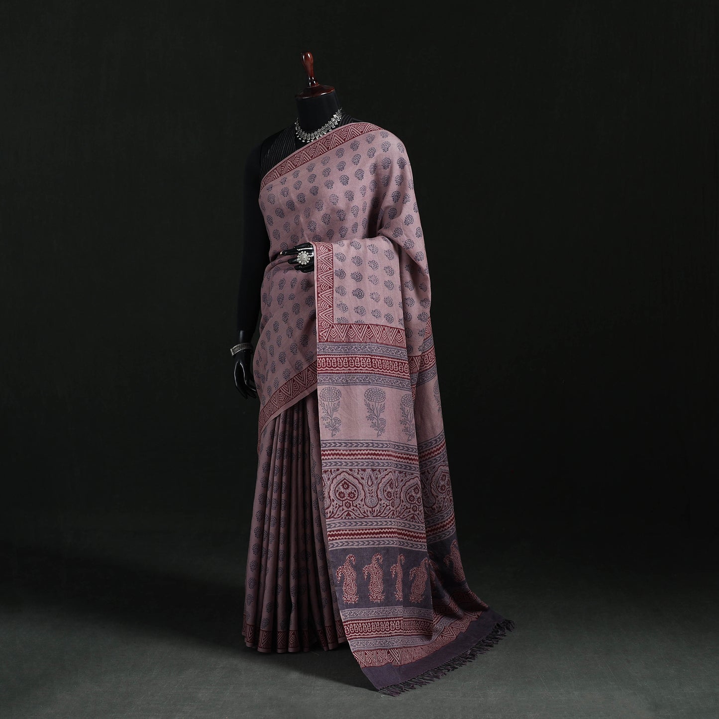 Handwoven Merino Wool Natural Dyed Hand Block Bagh Print Saree 02