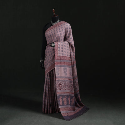 Handwoven Merino Wool Natural Dyed Hand Block Bagh Print Saree 02