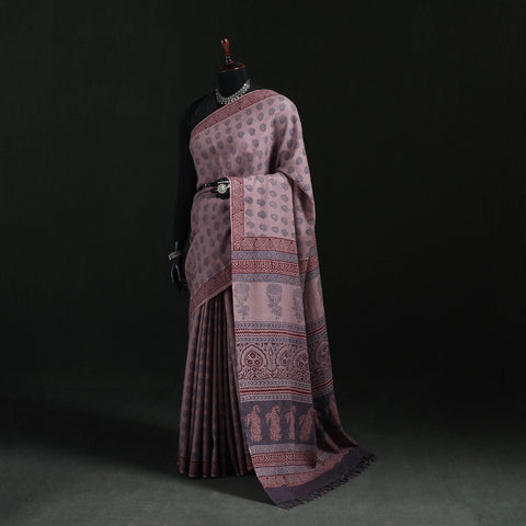 Handwoven Merino Wool Natural Dyed Hand Block Bagh Print Saree 02