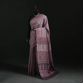 Handwoven Merino Wool Natural Dyed Hand Block Bagh Print Saree 02