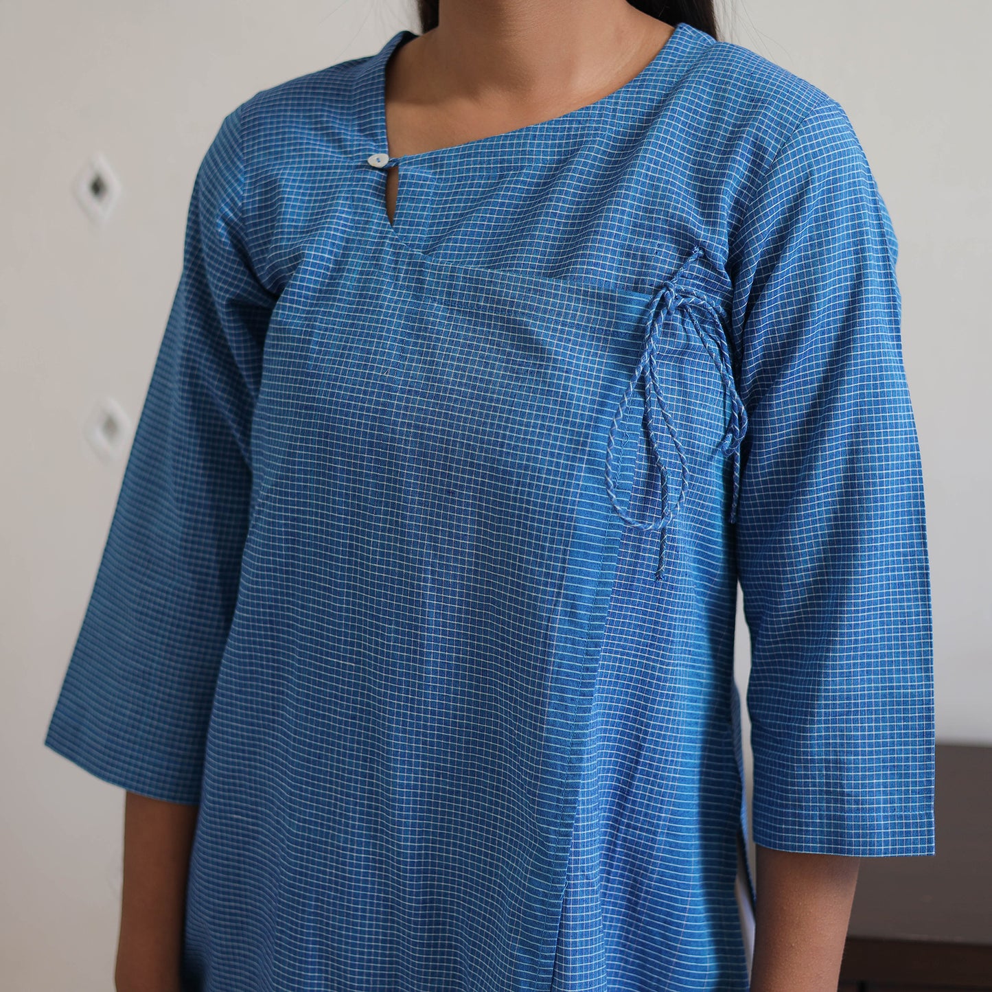 Blue - Handwoven Angrakha Checks Cotton Kurta 41