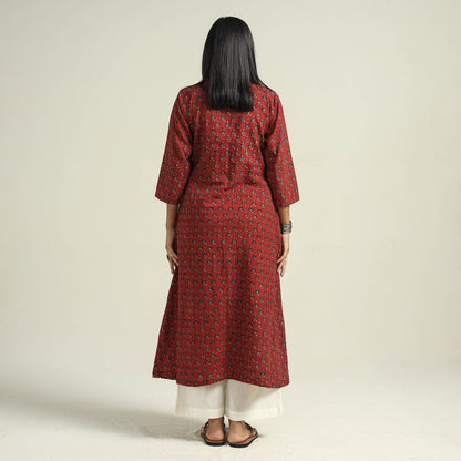 Maroon - Red - with Flower Ajrakh Hand Block Printed Cotton A-Line Kurta