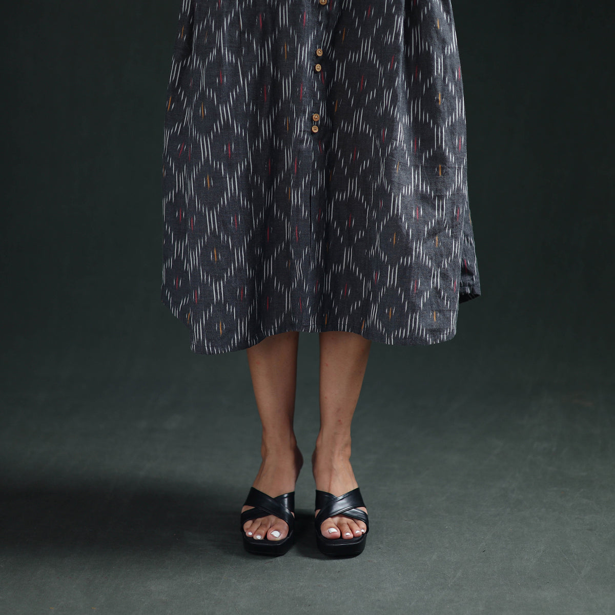 Grey - Pochampally Ikat Cotton Sleeveless Buttoned Down Long Dress for Women 14