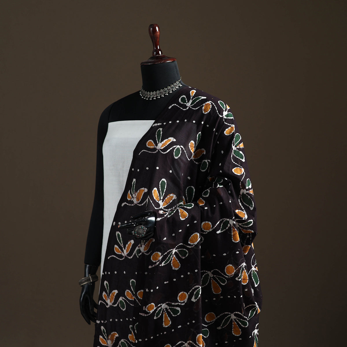Black - hand batik print cotton dupatta 38 - handcrafted