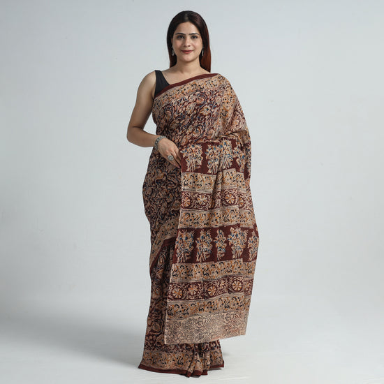 Maroon - Pedana Kalamkari Block Printed Cotton Saree with Blouse Piece 28