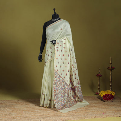 Yellow - hand embroidery pure chanderi silk printed kashida