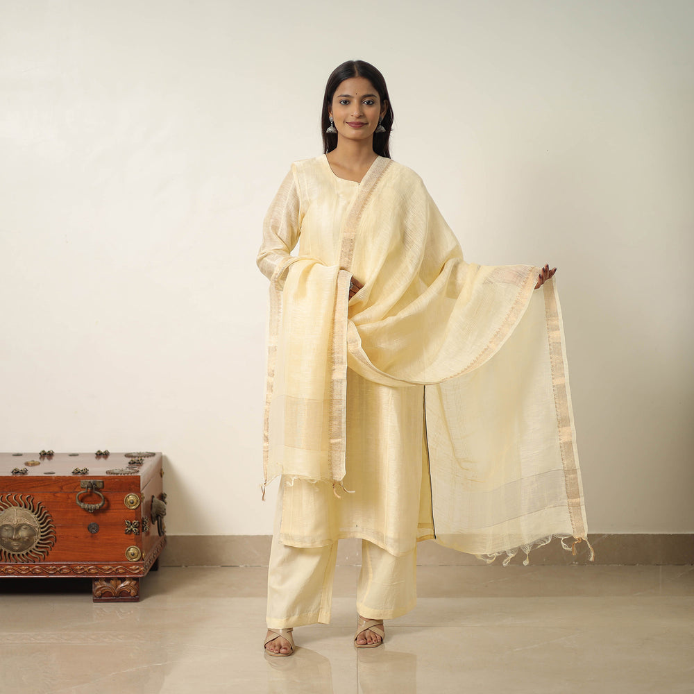 Yellow - Elegant Linen Silk Handloom Plain Kurta Set 09