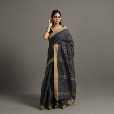 Black - Jamdani Buti Zari Stripe Cotton Handloom Saree 80