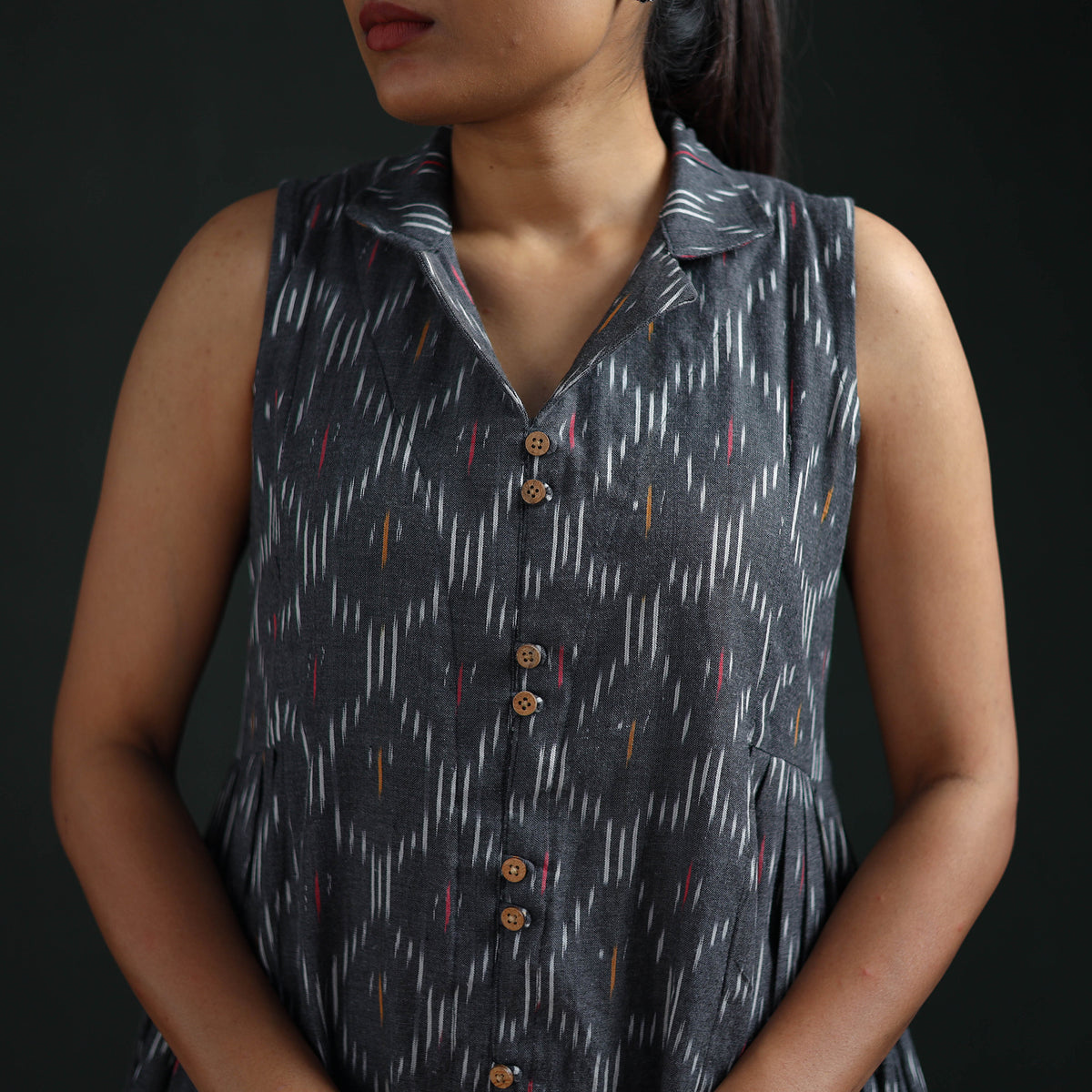 Grey - Pochampally Ikat Cotton Sleeveless Buttoned Down Long Dress for Women 14