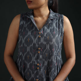Grey - Pochampally Ikat Cotton Sleeveless Buttoned Down Long Dress for Women 14