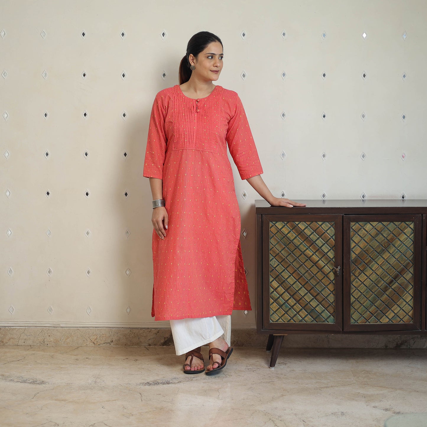 Peach - Jacquard Cotton Pintuck Straight Kurta 26