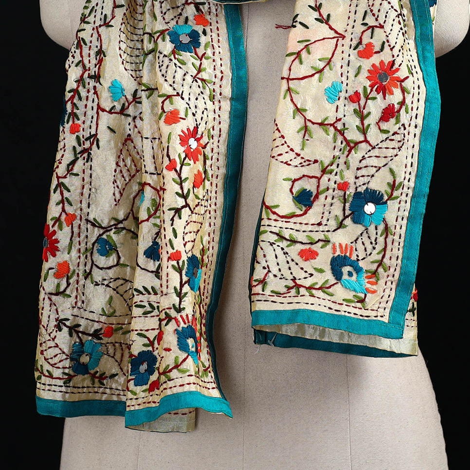 Beige - Ranihati Chanderi Silk Hand Embroidered Stole 71