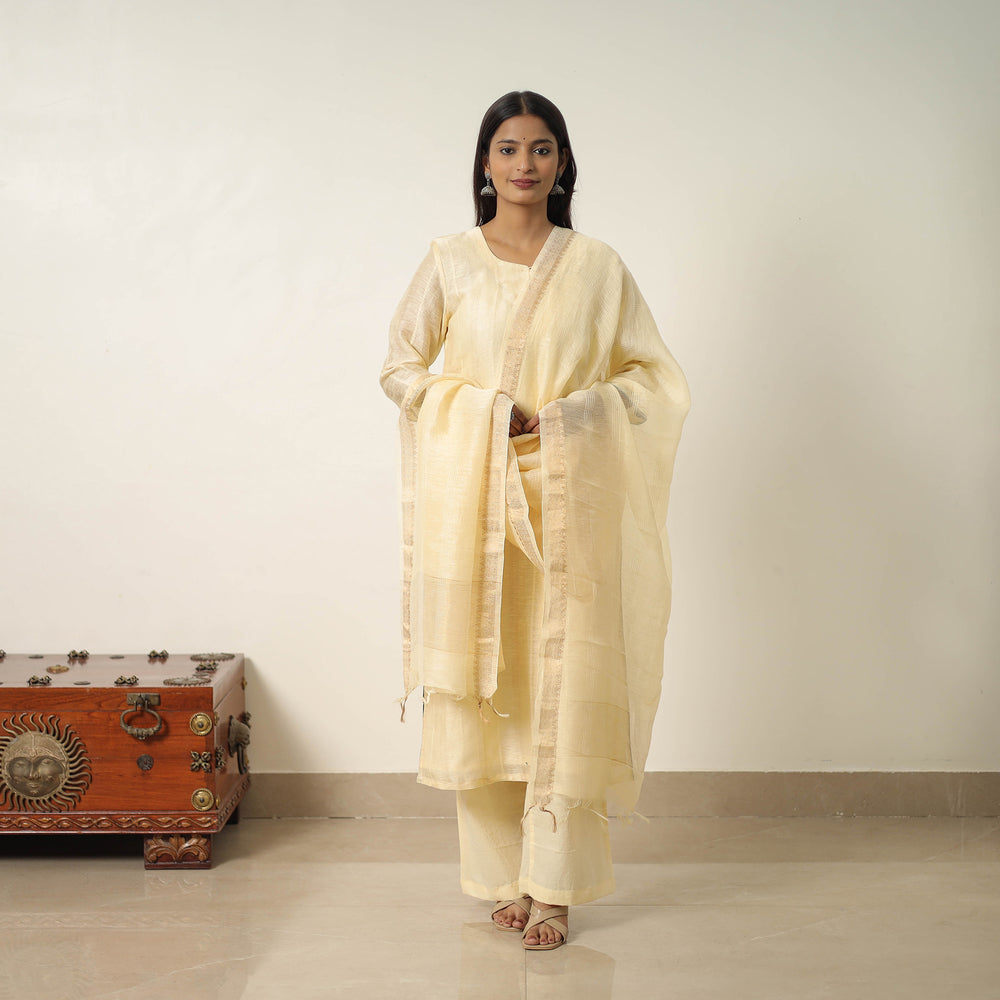 Yellow - Elegant Linen Silk Handloom Plain Kurta Set 09