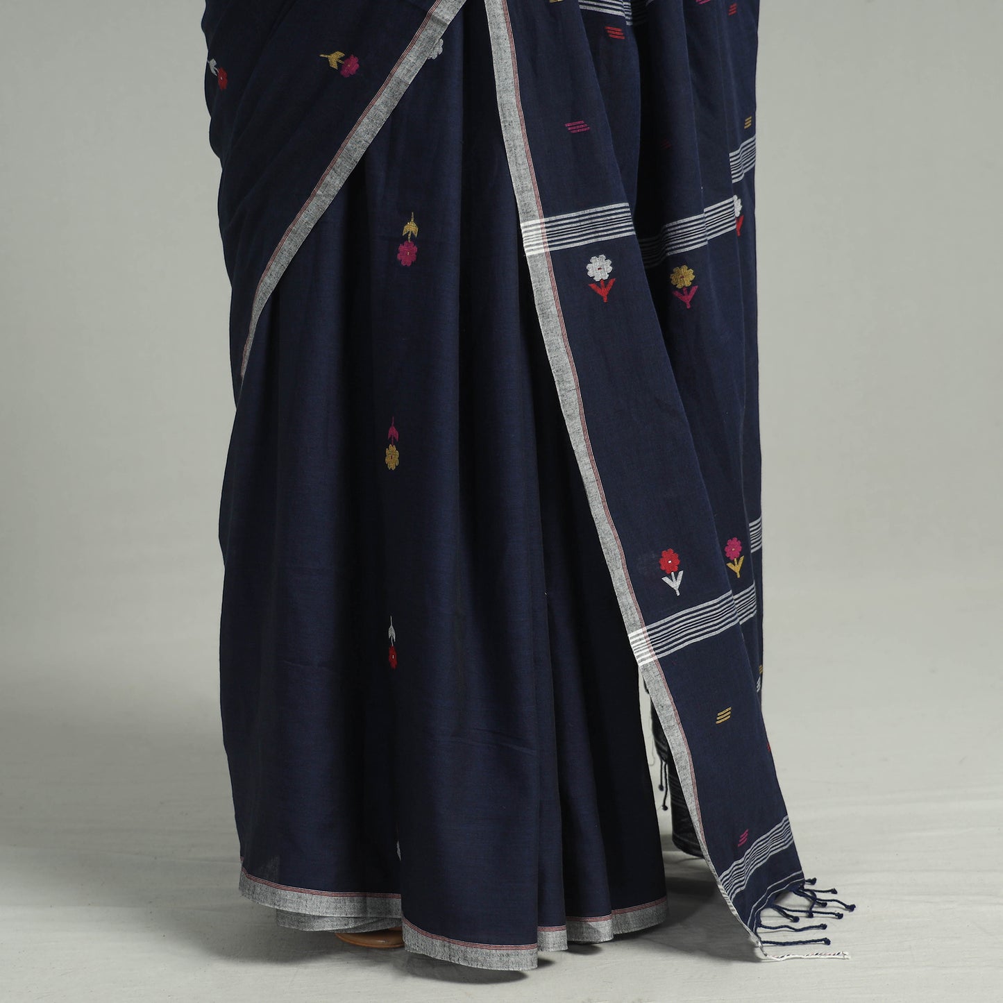 Blue - Handloom Cotton Phulia Jamdani Saree with Tassels 31