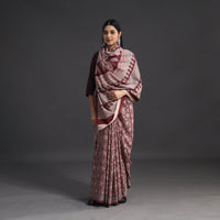 Maroon - Handwoven Merino Wool Bagh Block Print Saree 03