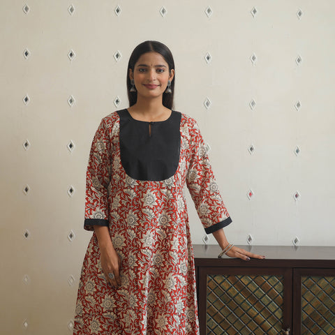 Red - Block Print Cotton Patchwork A-Line Sanganeri Kurta 07