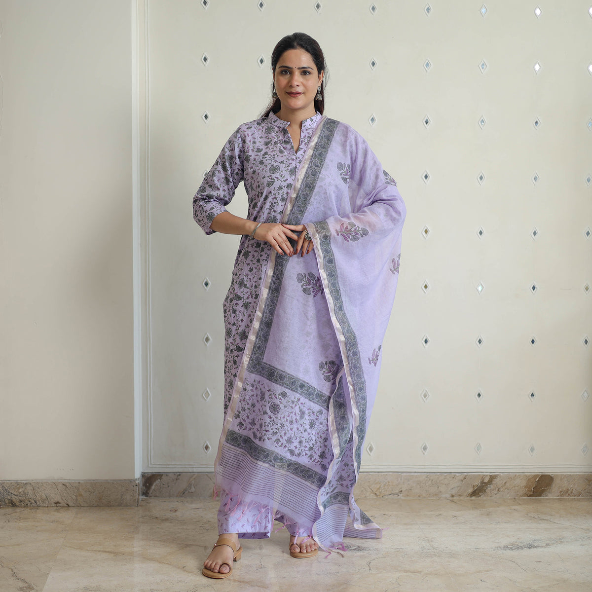 Purple - Sanganeri Block Print Cotton Kurta Suit Set 04