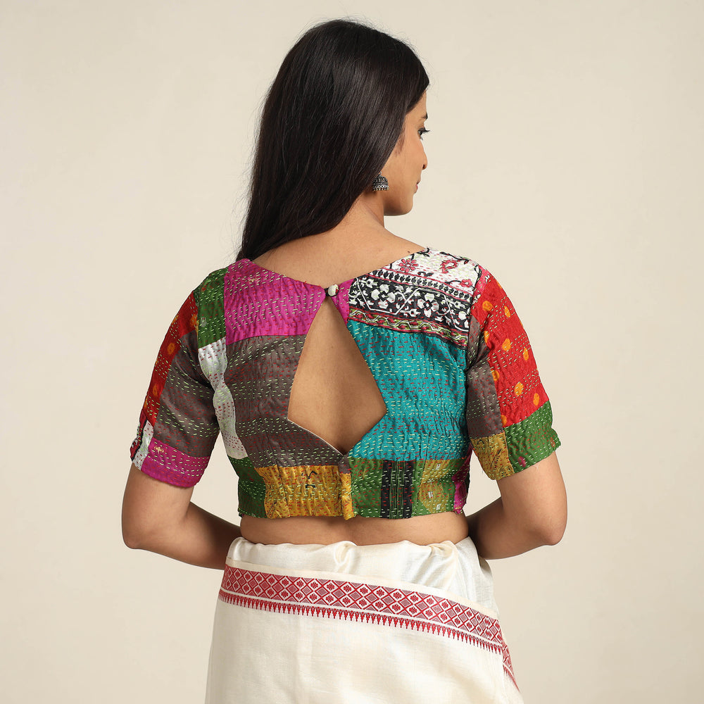 Multicolor - Hand Embroidery Silk Cotton Patchwork Kantha Stitch Blouse 01