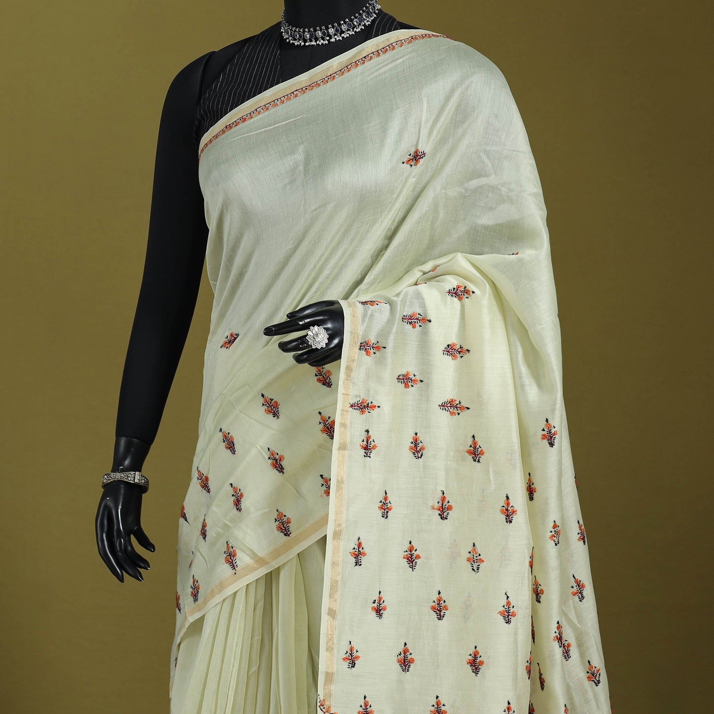 Yellow - hand embroidery pure chanderi silk printed kashida