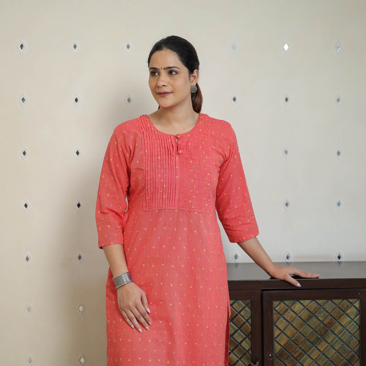 Peach - Jacquard Cotton Pintuck Straight Kurta 26