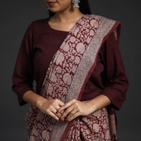 Maroon - Handwoven Merino Wool Bagh Block Print Saree 03