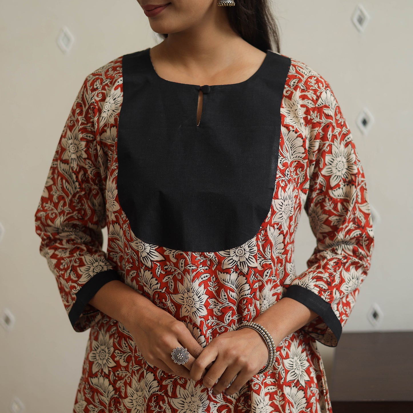 Red - Block Print Cotton Patchwork A-Line Sanganeri Kurta 07