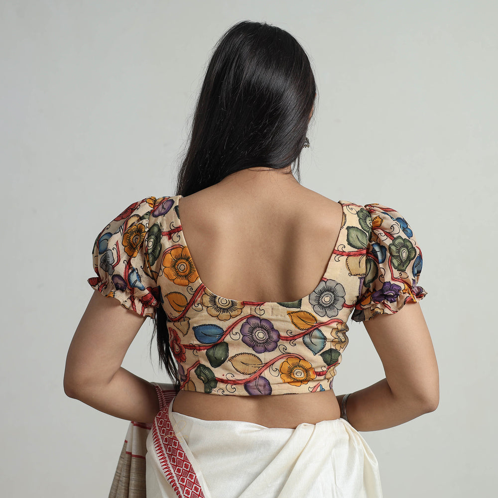 Beige - Srikalahasti Handpainted Penwork Kalamkari Chanderi Silk Stitched Blouse 12