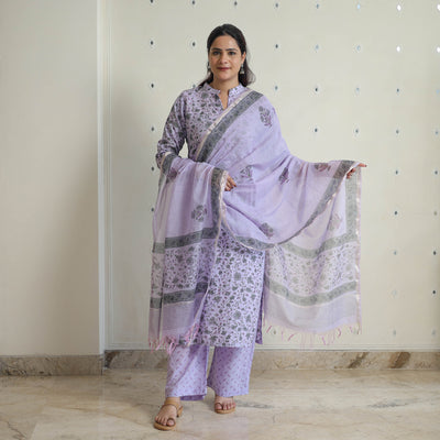 Purple - Sanganeri Block Print Cotton Kurta Suit Set 04