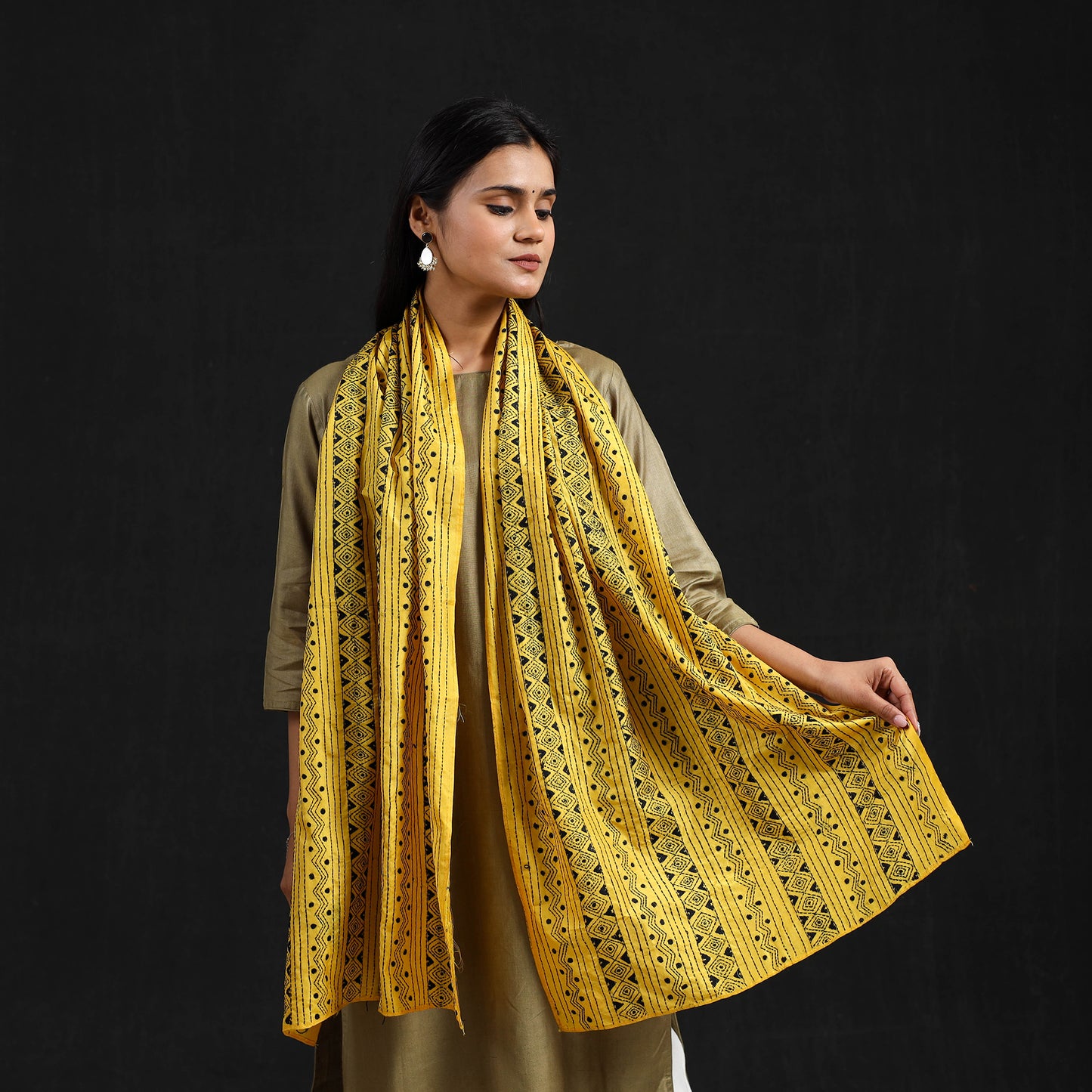 Yellow - Handloom Tussar Silk  Bengal Kantha Work Stole 70