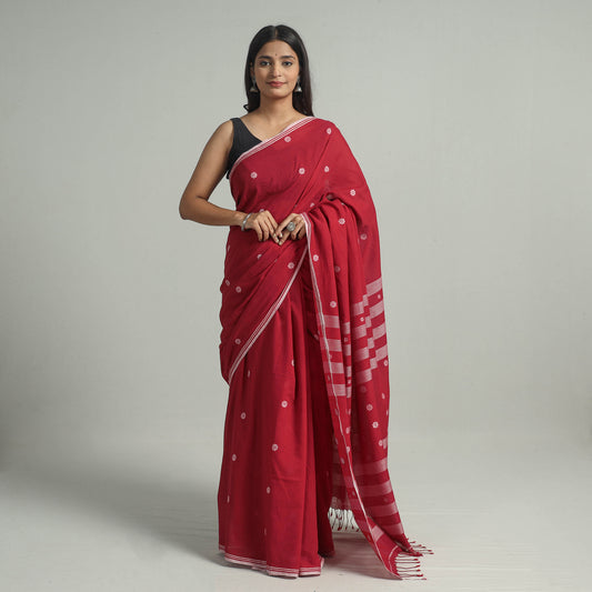 Red - Handloom Cotton Phulia Jamdani Saree with Tassels 32