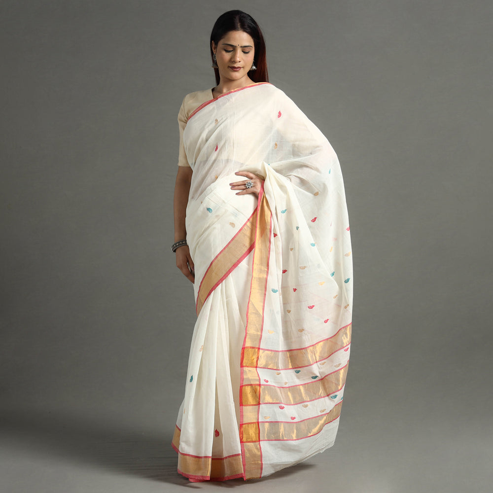 White - Traditional Venkatagiri Handloom Cotton Thread & Zari Buti Saree 27