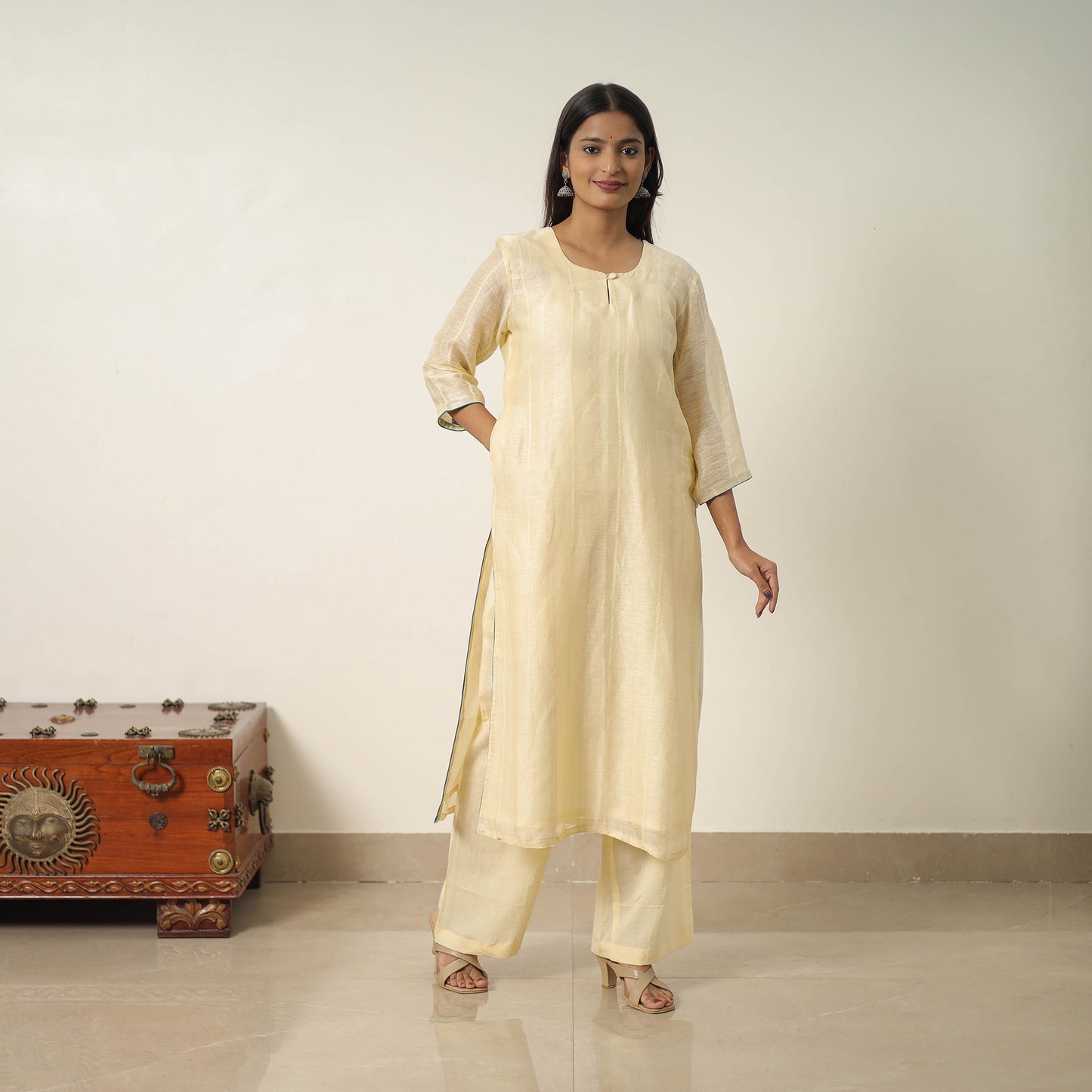 Yellow - Elegant Linen Silk Handloom Plain Kurta Set 09