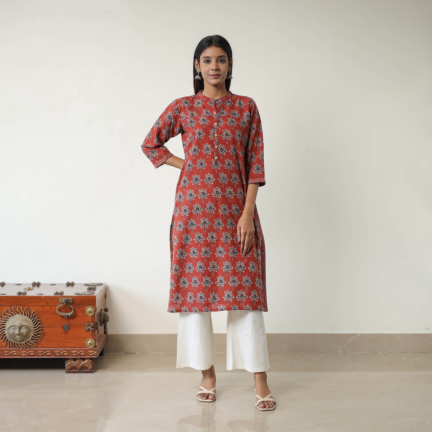 Red - Block Printed Cotton Straight Ajrakh Kurta 02