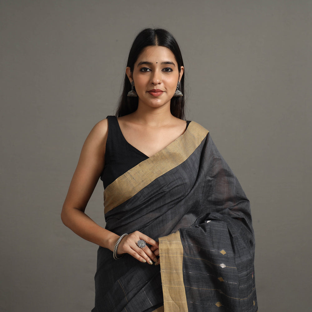 Black - Jamdani Buti Zari Stripe Cotton Handloom Saree 80