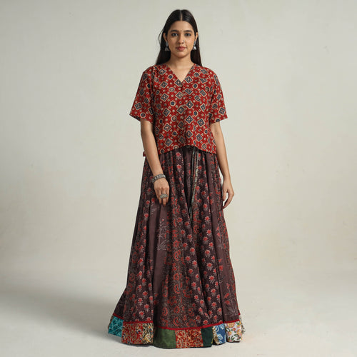 Multicolor - Kutch Block Printed 24 Kali Cotton Long Skirt 33