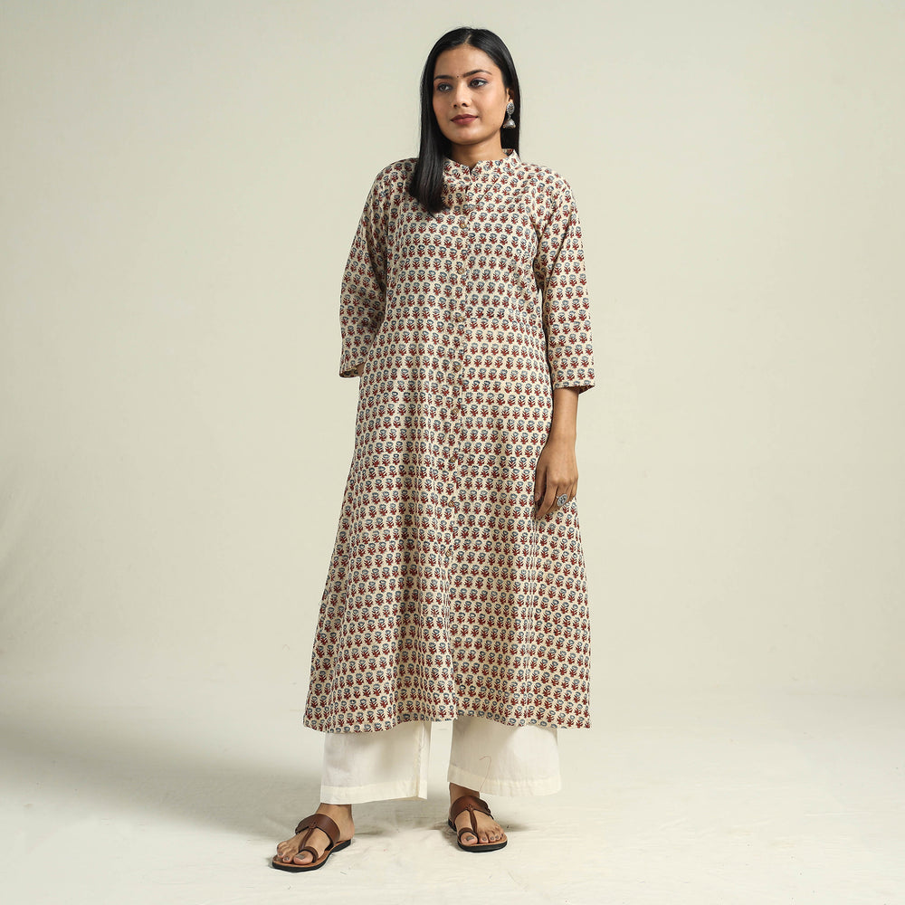 Beige - Cream with Flower - Ajrakh Hand Block Printed Cotton A-Line Kurta