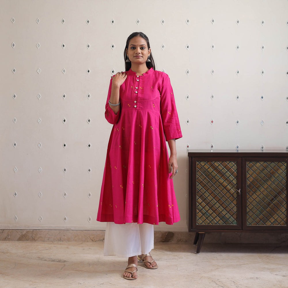 Pink - Handwoven Cotton Anarkali Jamdani Kurta 17