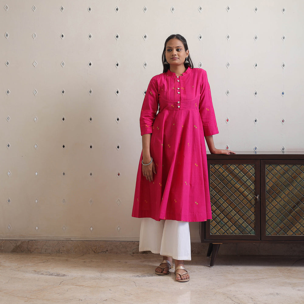 Pink - Handwoven Cotton Anarkali Jamdani Kurta 17