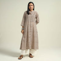 Beige - Cream with Flower - Ajrakh Hand Block Printed Cotton A-Line Kurta