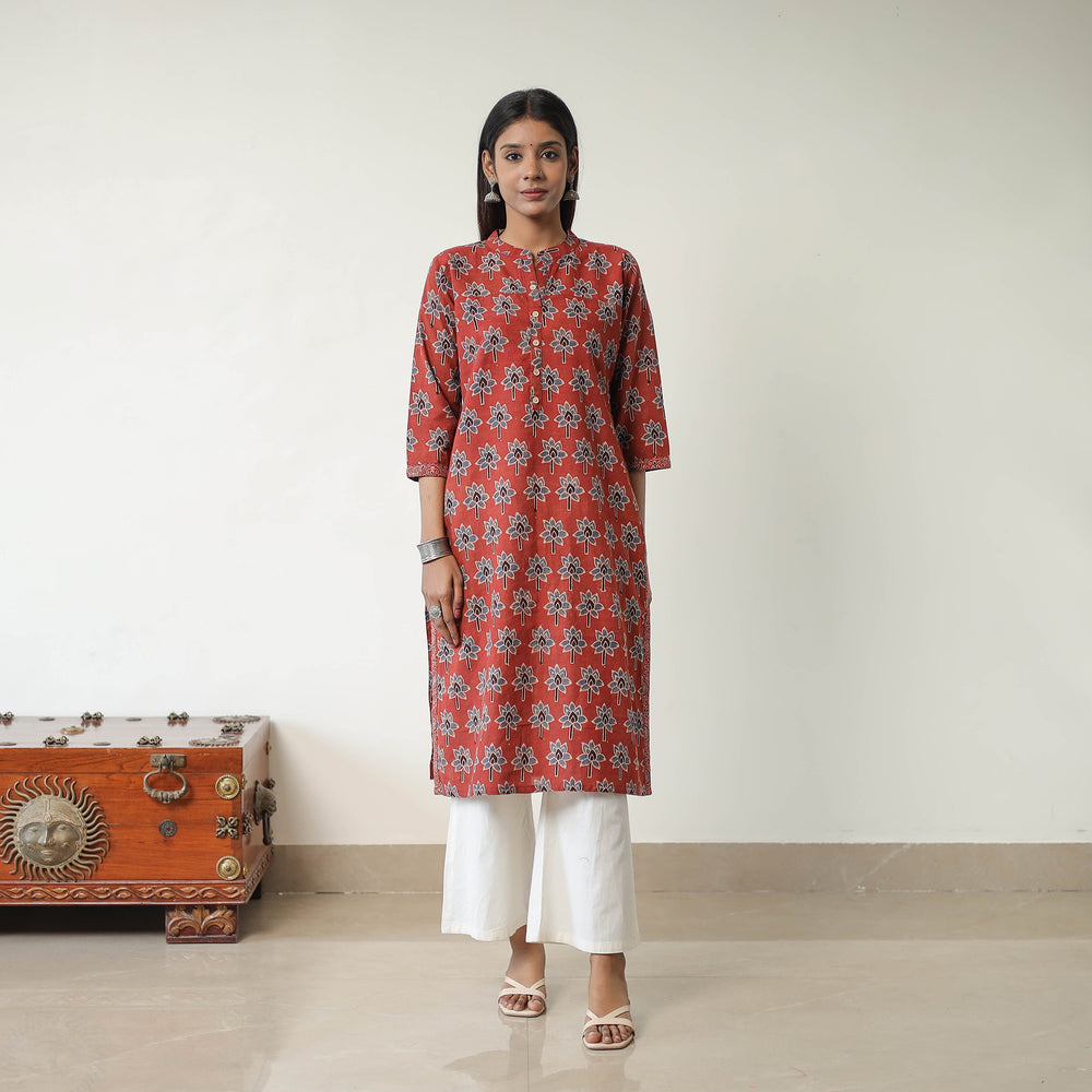 Red - Block Printed Cotton Straight Ajrakh Kurta 02