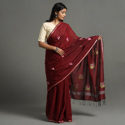 Maroon - Bengal Kantha Embroidery Handloom Cotton Saree