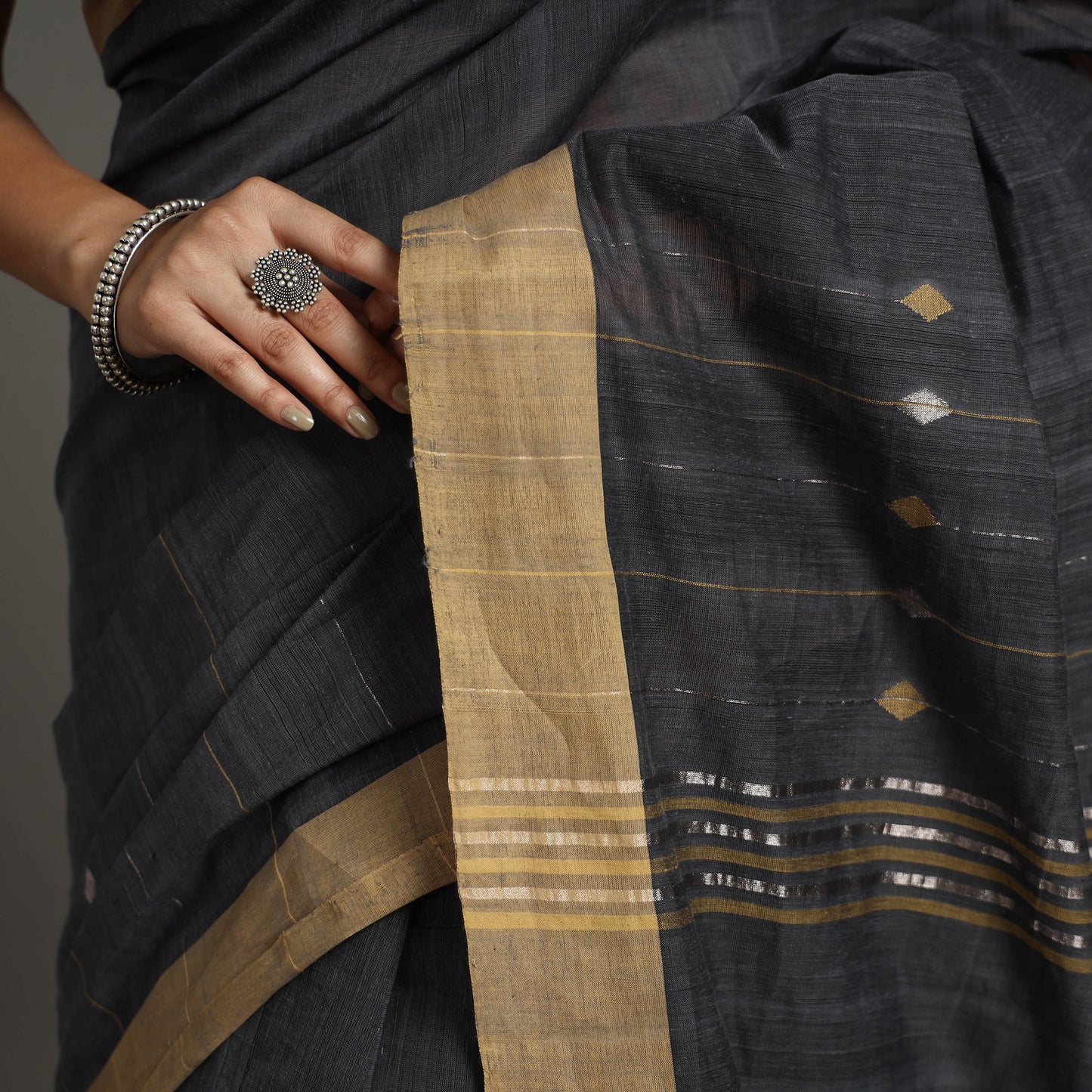 Black - Jamdani Buti Zari Stripe Cotton Handloom Saree 80