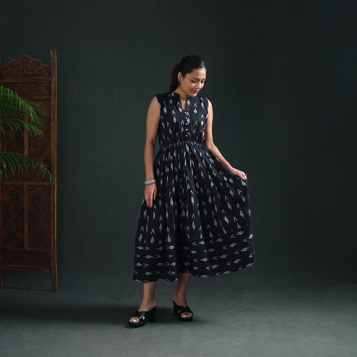 Pochampally Ikat Cotton Sleeveless Tiered Long Dress for Women 06