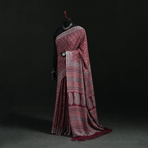 Handwoven Merino Wool Natural Dyed Hand Block Bagh Print Saree 10