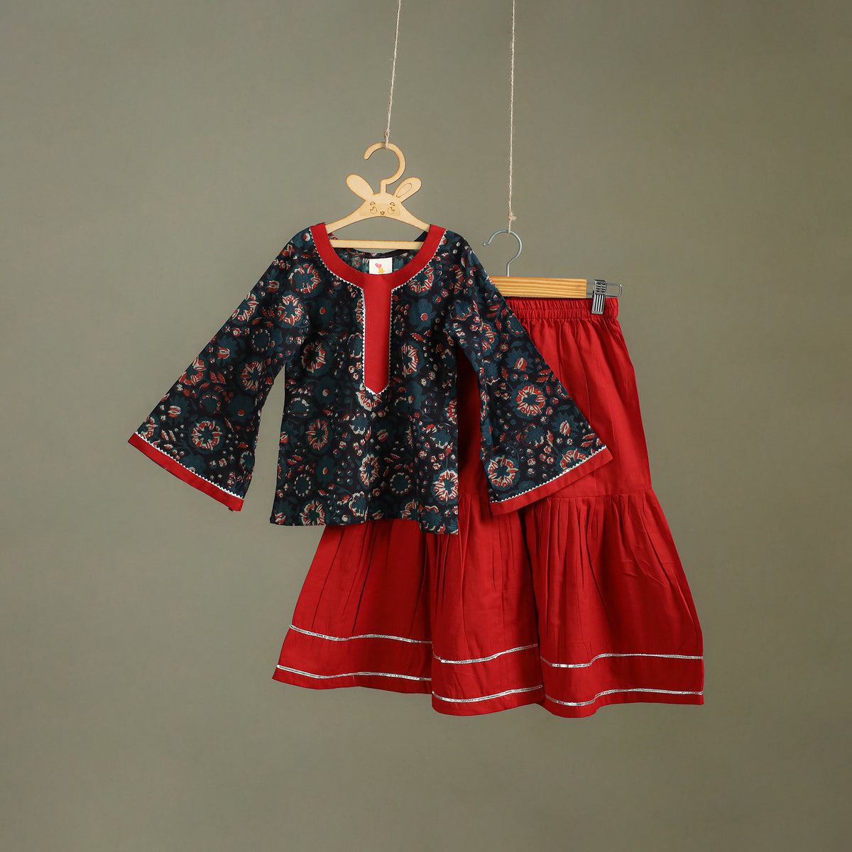 Girls Gota Work Bagru Block Print Cotton Kurta with Sharara Set (3-4 Years) 50