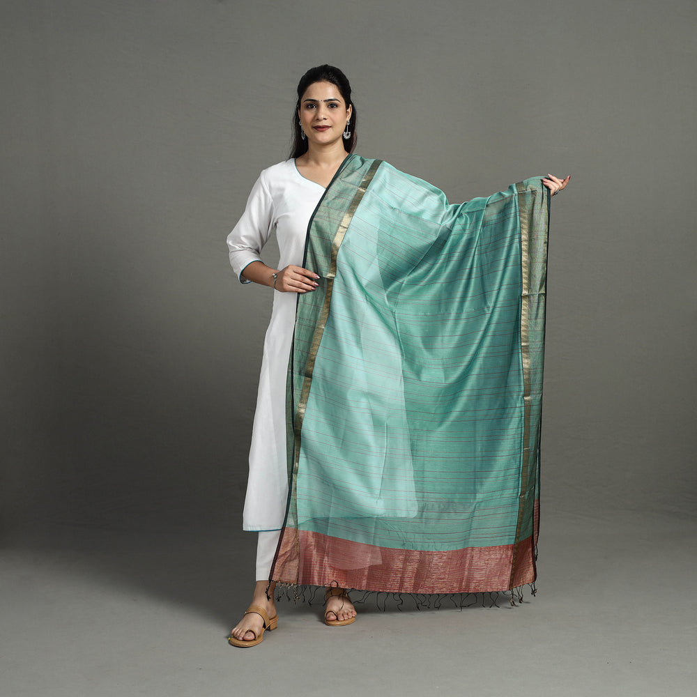 Green - Handloom Silk Cotton Zari Work Stripe Maheshwari Dupatta 30