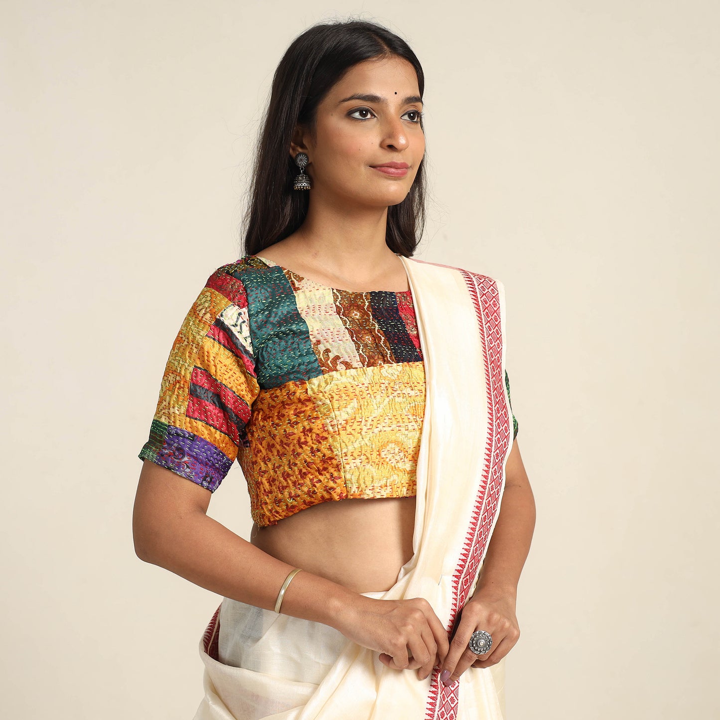 Multicolor - Hand Embroidery Silk Cotton Patchwork Kantha Stitch Blouse 03